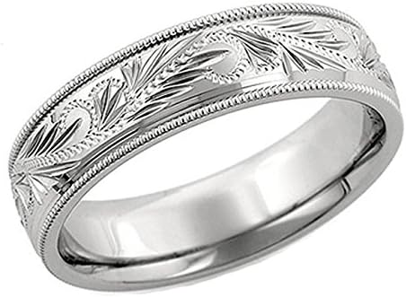 6 Millimeters 18Kt Gold Wedding Ring with Handcarved Floral Design Comfort Fit Style