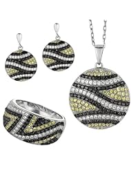 BRI Jewelry Sterling Silver Designed Black Yellow And Clear Micropave Cubic Zirconia Set - Pendant - Earring - Ring Size 9