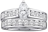 Stunning 2pc. 14k. White Gold Marquee and Round Diamond Bridal Set 1.00 Ctw " Size 7 "