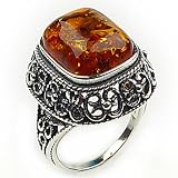 Certified Genuine Honey Amber and Sterling Silver Filigree Classic Ring