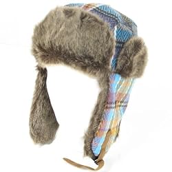 New Faux Fur Plaid Trooper Trapper Pilot Ski Hat Medium Large Turquoise Blue