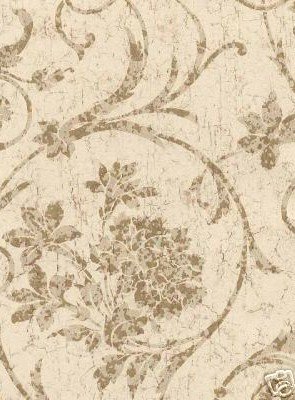 Wallpaper Textured Floral Taupe Color Scroll on Ivory Faux Crackle