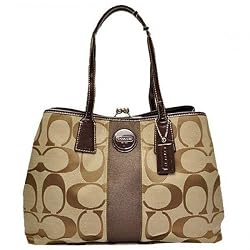 Coach 17424KM Signature Khaki/Mahogany Stripe Framed Carryall Tote/Handbag 17424