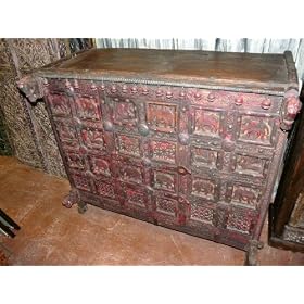 Red Patina Tribal India Rustic Carved Sideboard Plasma Tv Chest by Mogul Interior