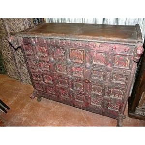 Red Patina Tribal India Rustic Carved Sideboard Plasma Tv Chest by Mogul Interior