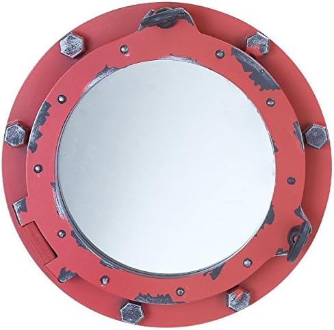 Mirror, Wood Ship Porthole Decorative Nautical Plaque Sign, 14-inch, Wall Accent (Red)