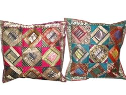 Home Decor -2 Deep Pink Blue Sari Zari Borders Toss Pillow Cushion Covers