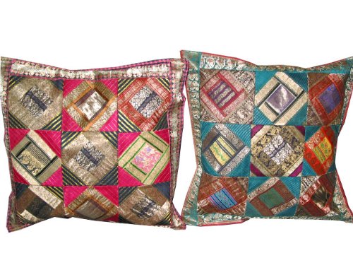 Home Decor -2 Deep Pink Blue Sari Zari Borders Toss Pillow Cushion Covers
