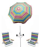 Rio Brands 6ft Multi Colored Deluxe Beach Umbrella with Mini Umbrella Table and a Set of 2 5 Positions to Lay Flat Beach Chairs
