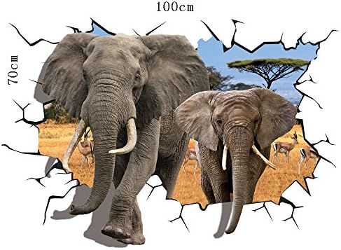 Sucis 3D Dould Elephant Coming from the African grasslands Removable Mural Wall Sticker Wall Decal for Home Decor