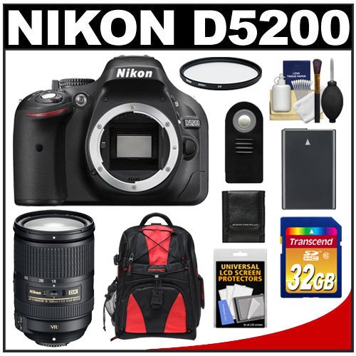 Nikon D5200 Digital SLR Camera Body (Black) with 18-300mm VR Zoom Lens + 32GB Card + Battery + Backpack Case + Filter + Accessory Kit On Sale