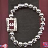 MSU, Mississippi State University Bulldogs bracelet featuring polished silver tone pearl beads and crystal rhinestones.