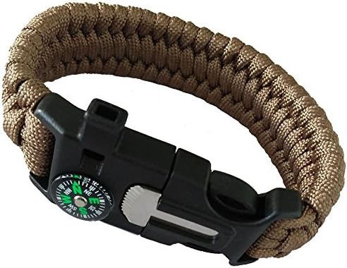 Joytek 550Ib Military Grade Survival Paracord Bracelet 9 inch with Compass, Fire Starter, Scraper, Whistle, Cord for Outdoor,Brown color