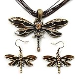 Chocolate Brown Enamel Dragonfly Organza Cord Necklace & Drop Earrings Set (Bronze Tone)