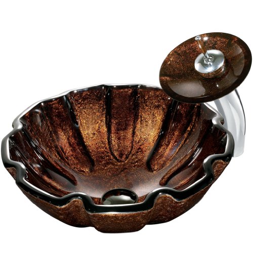 VIGO VGT032CH Walnut Shell Vessel Sink In Browns with Waterfall Faucet, Chrome