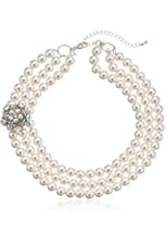 Simulated Pearl and Glass Three-Row Necklace, 17" + 3" Extender