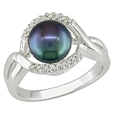 Women Silver Black Fw Button Pearl Ring - White