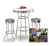 Chrome Bar Table & 2 Chrome Elvis Presley Fabric Seat Barstools