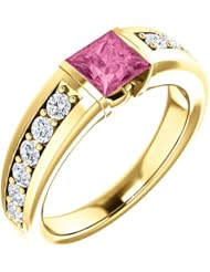10K Yellow Gold 5.00x5.00mm Princess Cut Chatham Created Pink Sapphire and Diamond Ring -- LIFETIME WARRANTY