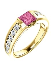 14K Yellow Gold 5.00x5.00mm Princess Cut Pink Sapphire and Diamond Ring -- LIFETIME WARRANTY