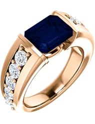14K Rose Gold 9.00x7.00mm Emerald Cut Chatham Created Sapphire and Diamond Ring -- LIFETIME WARRANTY
