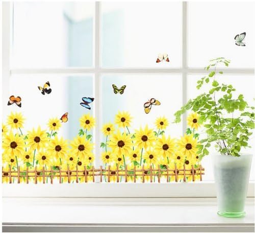 Sunflowers & Butterflies in Fence Print PVC Removable Wallpaper Wall Decal Stickers