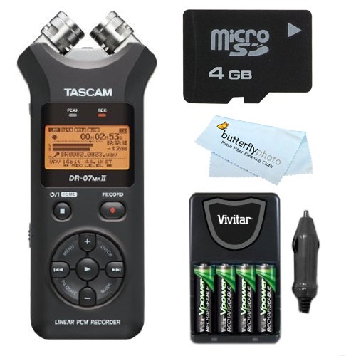 Tascam DR-05 Portable Digital Recorder + 4 AA High Capacity NIMH Rechargeable Batteries & Rapid AC/DC Charger + 4GB High Speed Micro SD Card + MicroFiber Cleaning Cloth