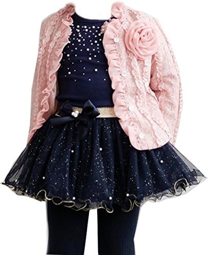 3pcs Cute Girl Baby Kids Toddler Top Coat+t-shirt+skirt Tutu Clothes (1-2Years, pink+dark blue)