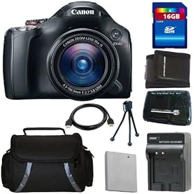 Canon SX40 HS 12.1MP Digital Camera with 35x Wide Angle Optical Image Stabilized Zoom and 2.7-inch Vari-Angle Wide LCD + Canon NB-10L Equivalent Replacement Battery + Charger + 16GB Deluxe Accessory Kit