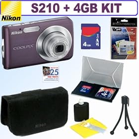 Nikon Coolpix S210 8MP Digital Camera (Plum) + 4GB Accessory Kit by Nikon
