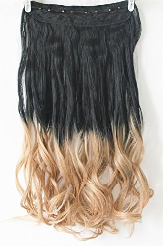 Dip Dye Clip in on Ombre Hair Extensions Synthetic Straight Curly Wavy Xmas Gift (natural black to sandy blonde)