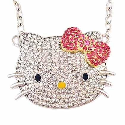 Large Silver Hello Kitty Crystal Cz Necklace with Pink Bow, Rhodium Plated, Celebrity Pendant