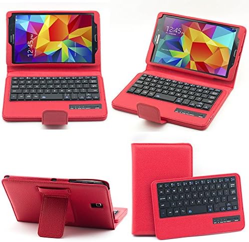 SUPERNIGHT Samsung Galaxy Tab S 8.4 Case with Keyboard - Ultra Slim Detachable Bluetooth Keyboard Portfolio Leather Case Cover for Samsung Tab S 8.4" Inch T700 T705 Tablet , With Remote Control Camera Shutter Release Self Timer Feature - Red Color