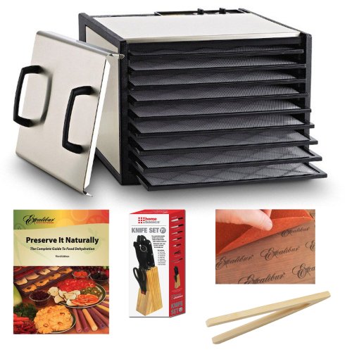 Excalibur 9 Tray Stainless Steel Electric Dryer dehydrator with Plastic Trays + Preserve It Naturally Book + Paraflexx Premium Sheets 14X14 + Knife Set 7PC with Pine Block + Bamboo Toast Tong - 6.5 Inch Long
