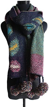 DGFA INC Women's Winter Warm Knitted Scarf with Pom Pom (Navy Blue)