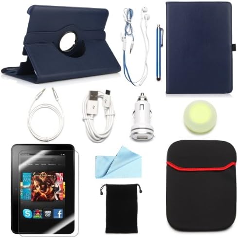 ARION Kindle 11-Item Accessory Bundle Kit for Amazon Kindle Fire HD 8.9" Tablet - 360 Rotating Stand PU Leather Case, Screen Protector, Cleaning Cloth, Stylus Pen,Car Charger,USB Cable, Aux Cable, Earphone, Wire-holding Box, Sleeve Case, Drawstring Travel Pouch (Dark Blue, Leather case will only fit Kindle Fire HD 8.9")