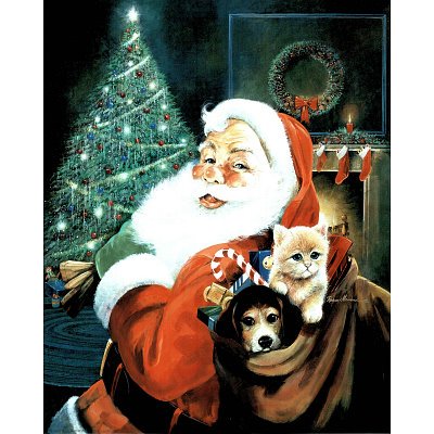 Santa Claus (w Dog & Cat) Holiday Art Poster - 16x20