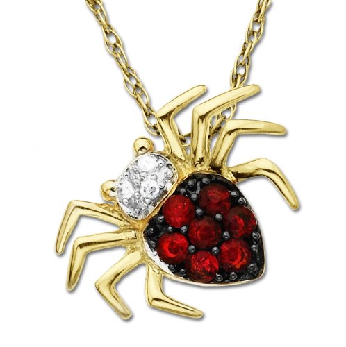 14k Yellow Gold Ruby and Diamond Spider Pendant, 18″