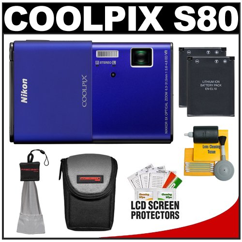 Nikon Coolpix S80 14.1 MP Digital Camera with 3.5-Inch OLED Touch Screen and 5x Wide Zoom-Nikkor ED Lens (Blue) with (2) Batteries + Case + Cleaning Accessory Kit