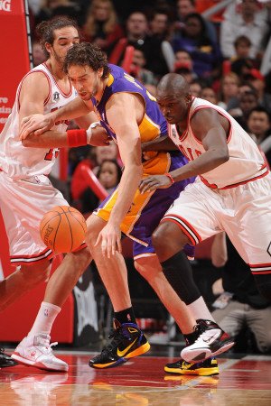 Los Angeles Lakers v Chicago Bulls: Pau Gasol and Luol Deng Photographic Poster Print by Andrew Bernstein, 28x42