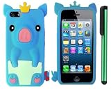 Sky Blue Cute Pig Yellow Crown Silicone Skin Premium Design Protector Soft Cover Case Compatible for Apple Iphone 5 (AT&T, VERIZON, SPRINT) + Combination 1 of New Metal Stylus Touch Screen Pen (4