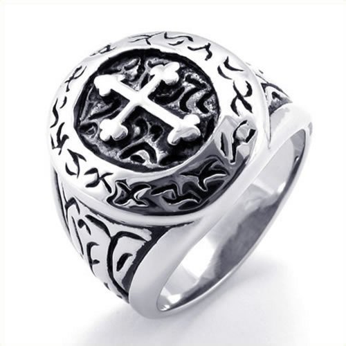 KONOV Jewelry Classic Vintage Cross Mens Ring, Stainless Steel Band, Silver