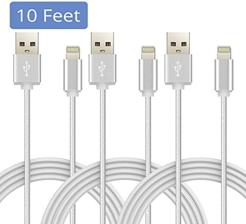 Eaglewood Extra Long 3 Pack 10ft 8 Pin Nylon Braided Lightning Power Cord For iPhone 6s Plus/6s/6/5s/iPhone SE, iPad Pro, iPad Air/Mini(Silver)