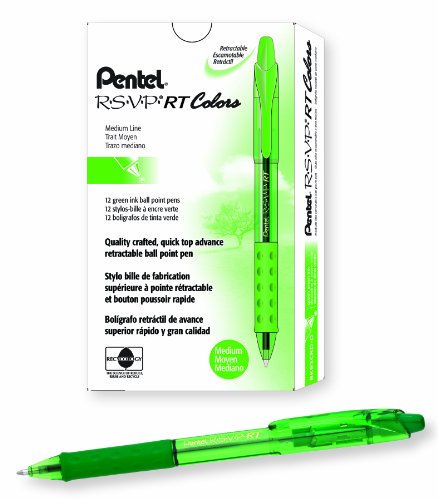 Pentel R.S.V.P. RT Colors New Retractable Ballpoint Pen, Medium Line, Green Barrel, Green Ink, Box of 12 (BK93CRD-D)