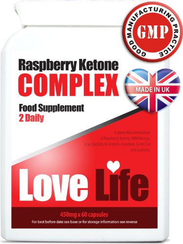LOVE LIFE Raspberry Ketone Complex (Powerful Combination of Raspberry Ketones, African Mango, Acai Berry, Baobab, Guarana & Green Tea) | 450mg x 60 Capsules | Premium GMP Supplement (Strong Smell of Raspberries when Opening the Bottle)