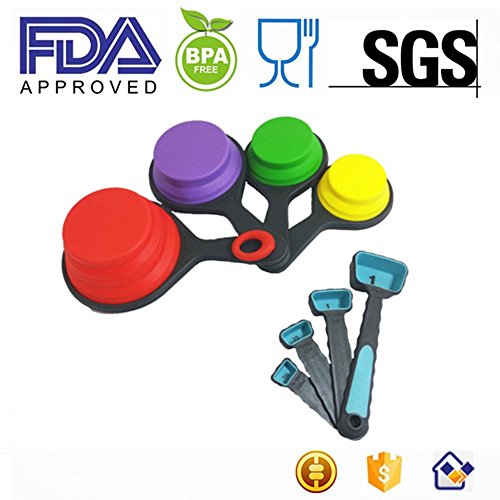 Home Kitty Portable Collapsible Silicone Measuring Cups & Spoons, 8 Pieces Set Folding , For Travel,Pet Supplies of outdoor,Long Trip,Camping,4 sizes