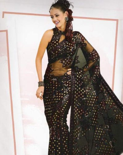 Indian Partywear Black Viscose Belly Dance Dress Owmen's Saree Sari with Unstitched Blouse