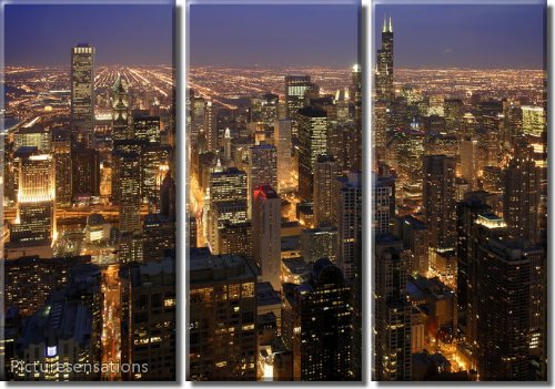 Framed Huge 3 Panel Modern City Art Chicago Skyline Giclee Canvas Print