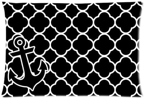 Ackershop Black Moroccan Tile Quatrefoil with Anchor pattern pillowcase 20 X 30 inch Zippered Pillow Case two sides printing Plush fabrics (custom Personalized pillowcase)