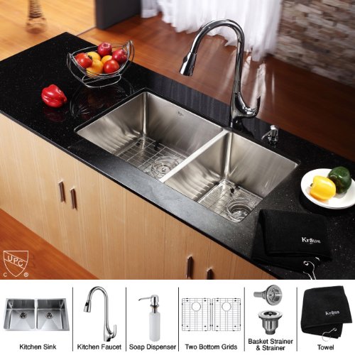 33 in. 50/50 Double Bowl Kitchen Sink  &  Faucet w Soap Dispenser